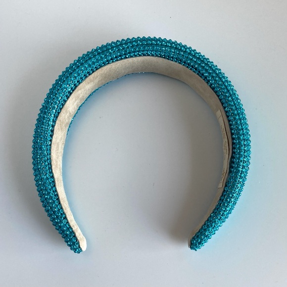 Padded 1.5” Headband with Aquamarine Rhinestone Aluminum Mesh Overlay Handmade - Picture 5 of 8